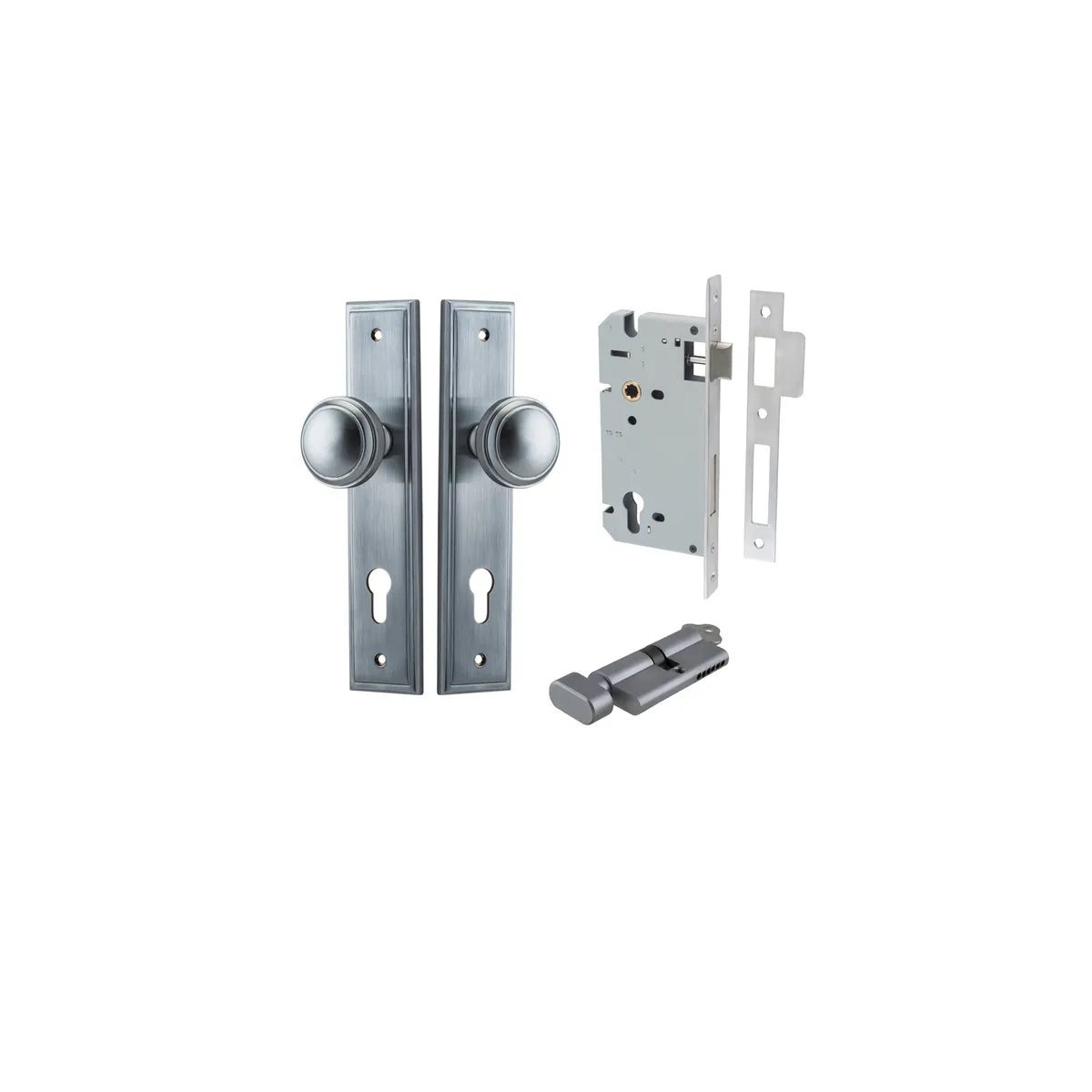 Paddington Knob - Stepped Backplate Entrance Kit with High Security Lock in Brushed Chrome - entrance set configuration