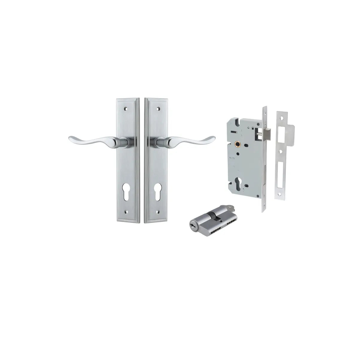 Stirling Lever - Stepped Backplate Entrance Kit with High Security Lock in Brushed Brass - entrance set configuration
