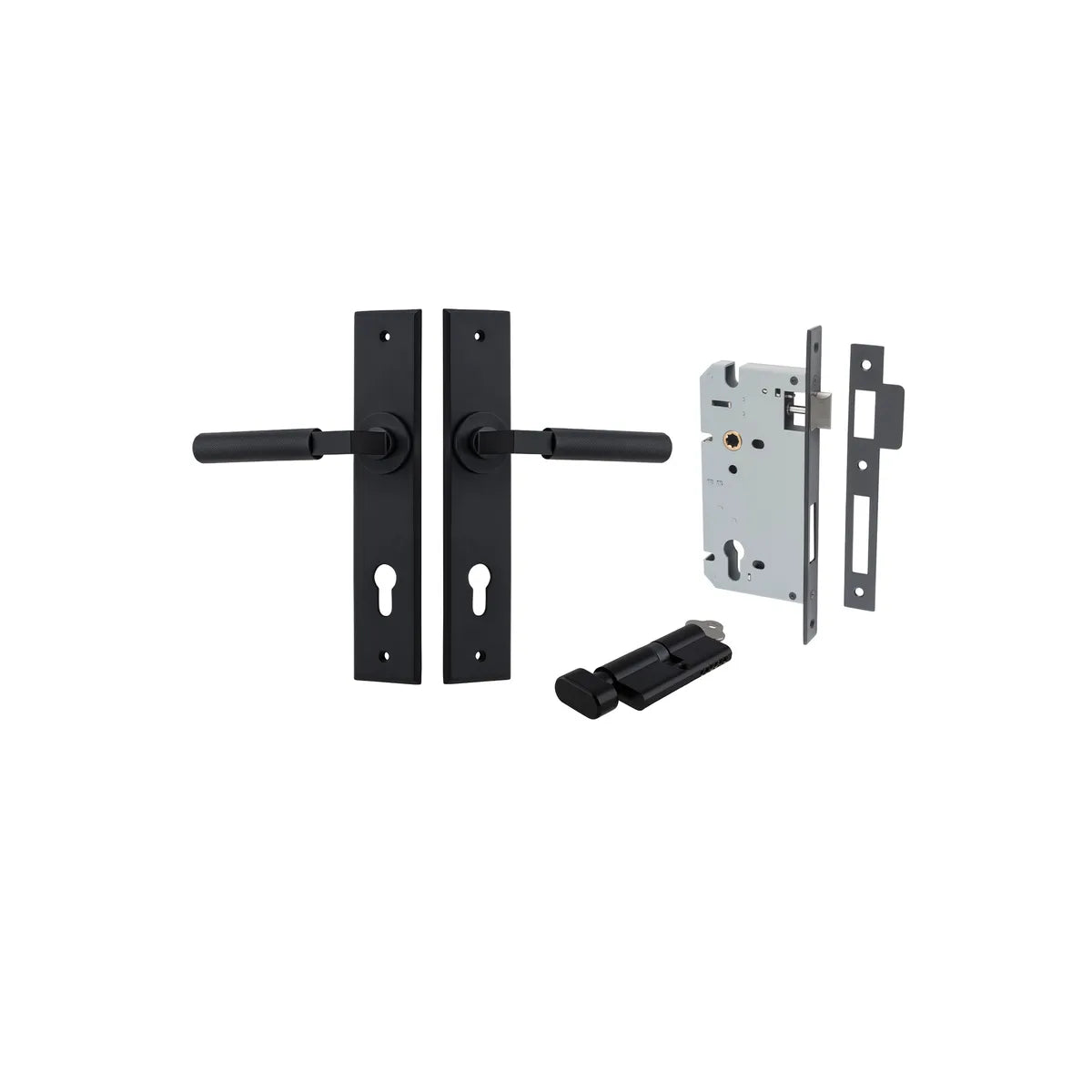 Brunswick Lever - Chamfered Backplate Entrance Kit with High Security Lock in Brushed Chrome - entrance set configuration