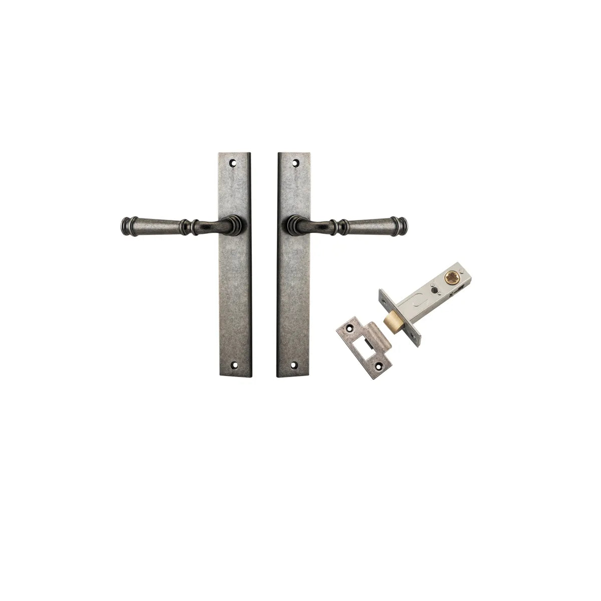 Verona Lever - Rectangular Backplate Passage Kit in Distressed Nickel - close-up detail view