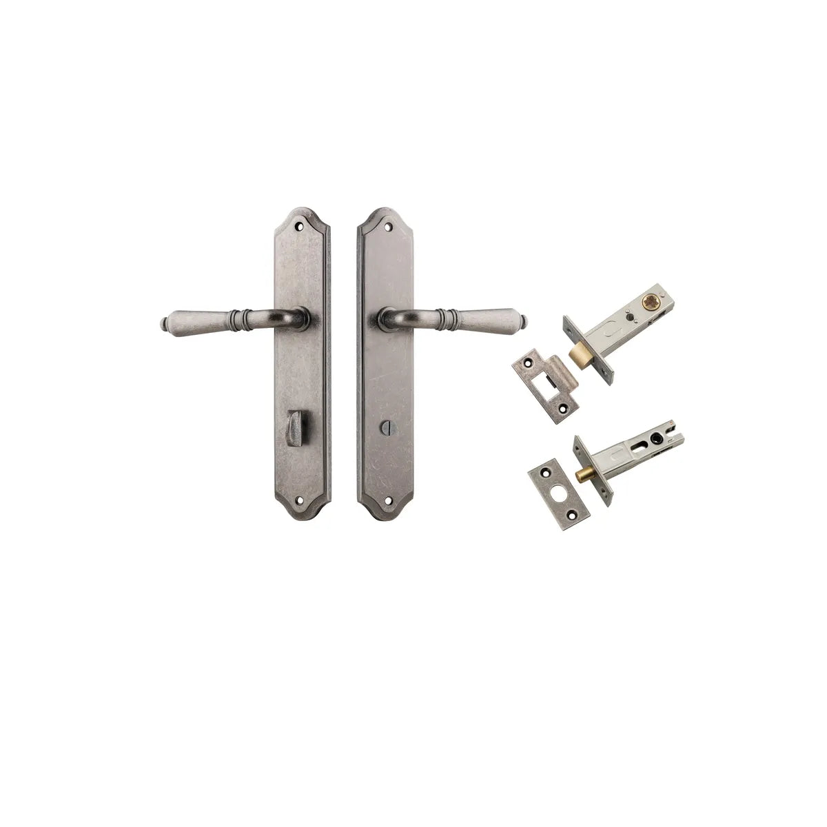Sarlat Lever - Shouldered Backplate Privacy Kit with Privacy Turn in Distressed Nickel - privacy set configuration
