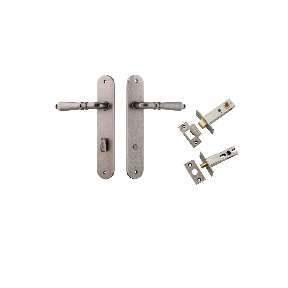 Sarlat Lever - Oval Backplate Privacy Kit with Privacy Turn in Distressed Nickel - privacy set configuration