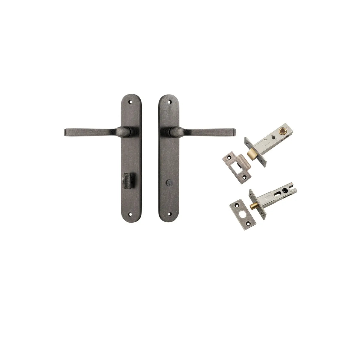 Annecy Lever - Oval Backplate Privacy Kit with Privacy Turn in Distressed Nickel - privacy set configuration