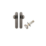 Cambridge Knob - Oval Backplate Passage Kit in Distressed Nickel - close-up detail view