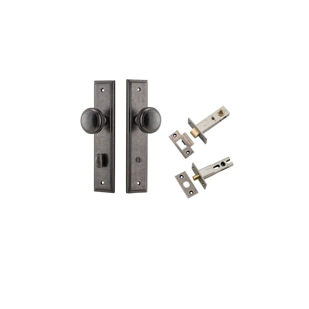 Paddington Knob - Stepped Backplate Privacy Kit with Privacy Turn in Distressed Nickel - privacy set configuration