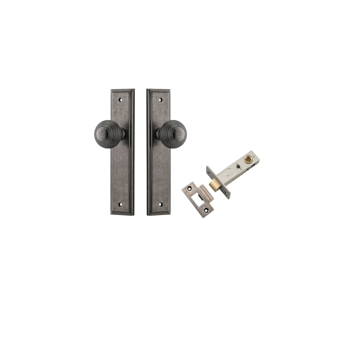 Guildford Knob - Stepped Backplate Passage Kit in Distressed Nickel - close-up detail view