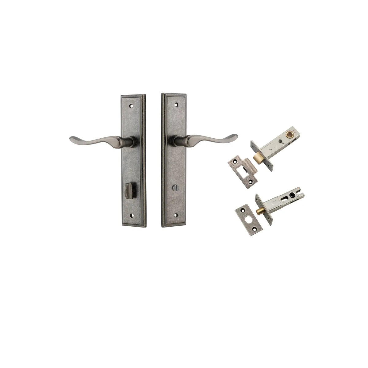 Stirling Lever - Stepped Backplate Privacy Kit with Privacy Turn in Distressed Nickel - privacy set configuration
