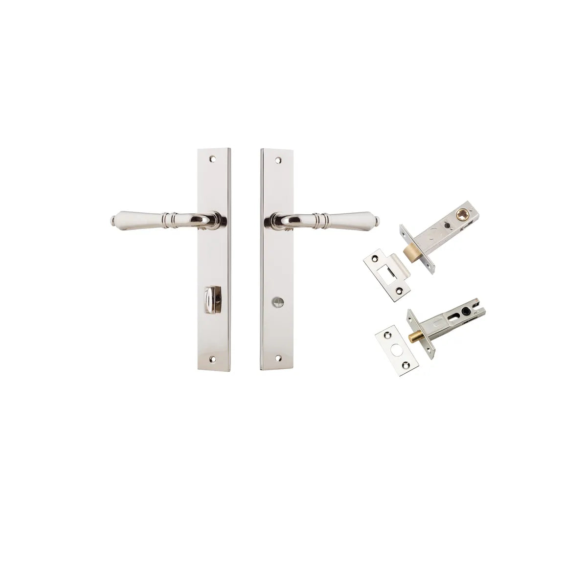 Sarlat Lever - Rectangular Backplate Privacy Kit with Privacy Turn in Polished Nickel - privacy set configuration