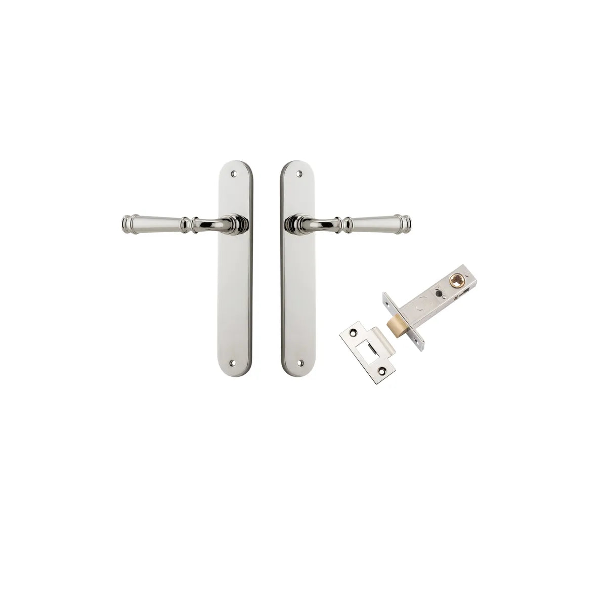 Verona Lever - Oval Backplate Passage Kit in Polished Nickel - finish and profile close-up