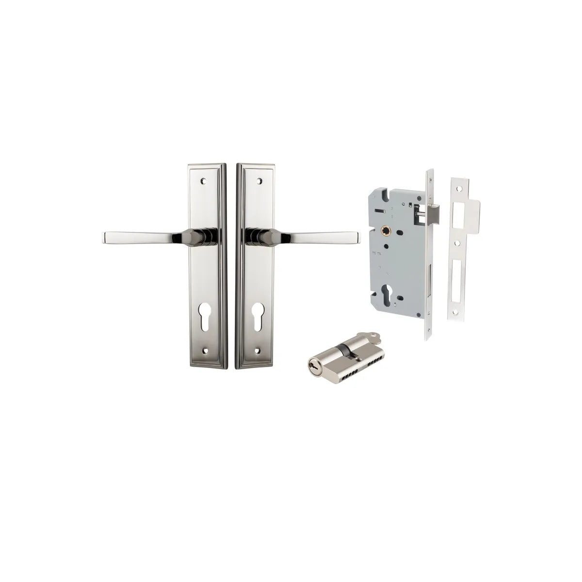 Annecy Lever - Stepped Backplate Entrance Kit with High Security Lock in Brushed Chrome - entrance set configuration