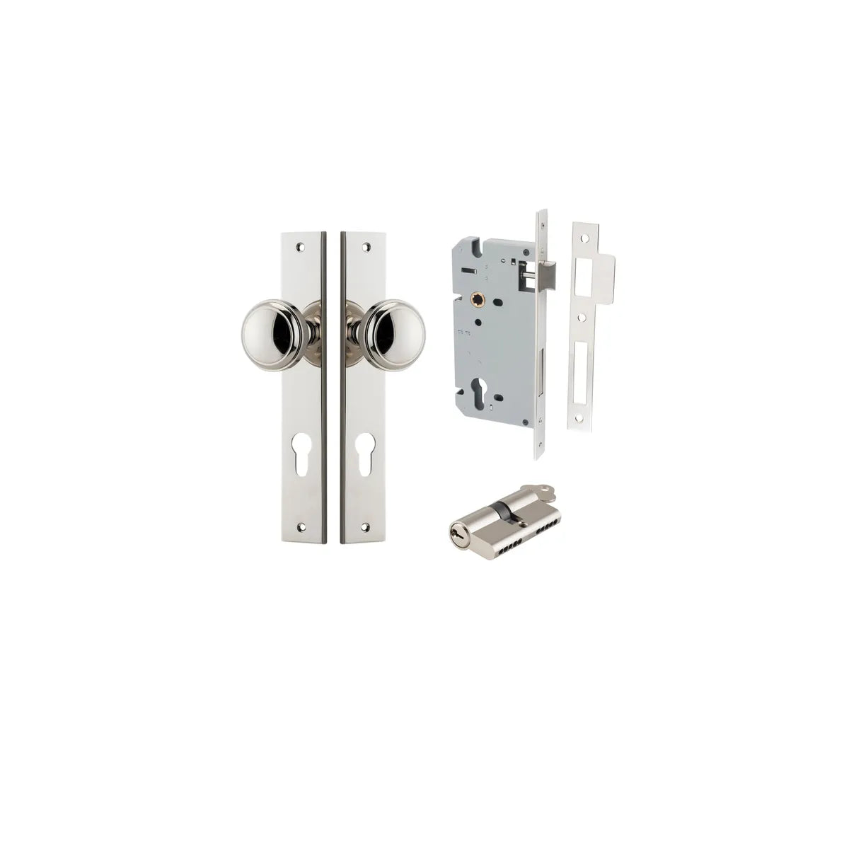 Paddington Knob - Rectangular Backplate Entrance Kit with High Security Lock in Brushed Brass - entrance set configuration