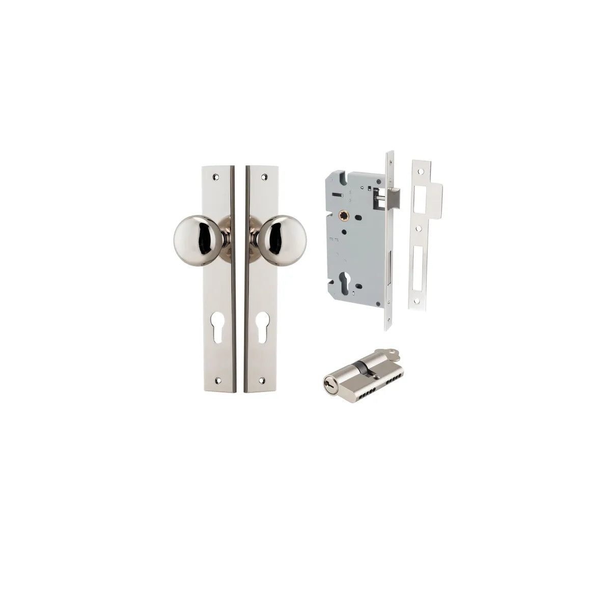 Cambridge Knob - Rectangular Backplate Entrance Kit with High Security Lock in Brushed Brass - entrance set configuration