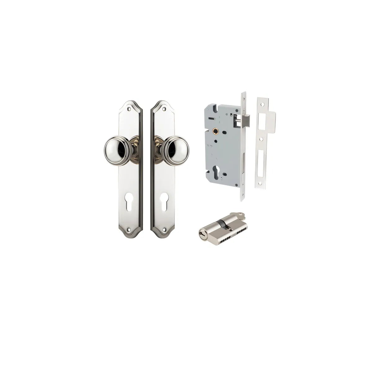 Paddington Knob - Shouldered Backplate Entrance Kit with High Security Lock in Brushed Chrome - entrance set configuration