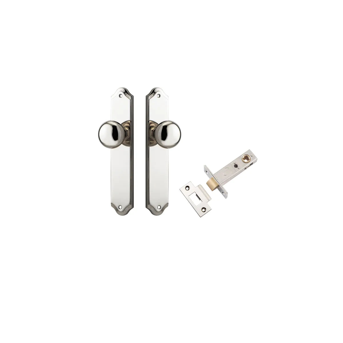 Cambridge Knob - Shouldered Backplate Passage Kit in Polished Nickel - finish and profile close-up