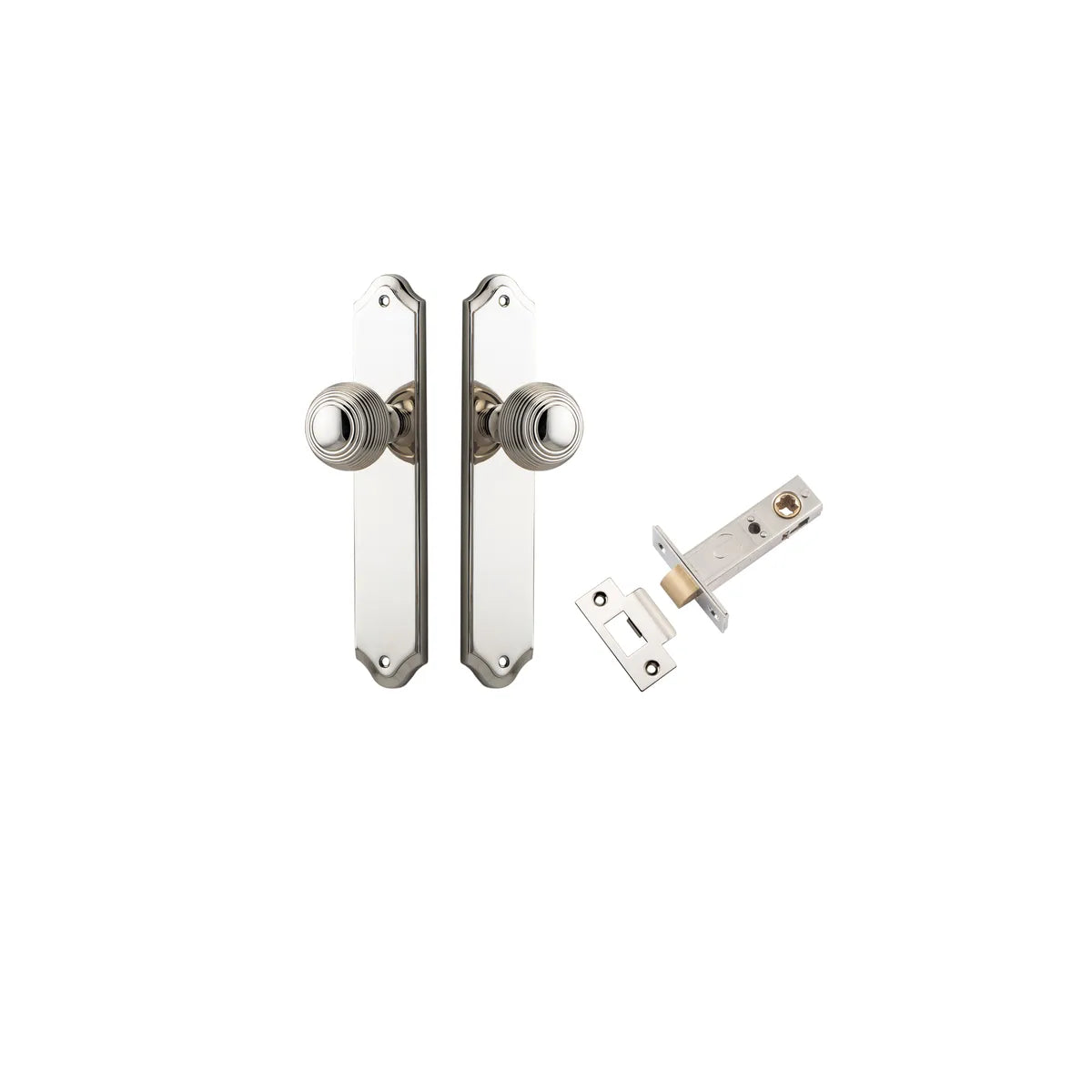 Guildford Knob - Shouldered Backplate Passage Kit in Polished Nickel - finish and profile close-up
