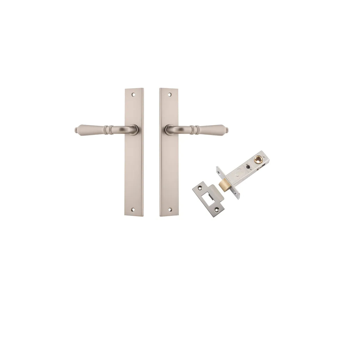 Sarlat Lever - Rectangular Backplate Passage Kit in Satin Nickel - front view