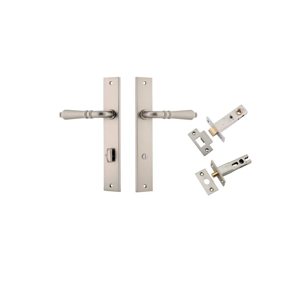 Sarlat Lever - Rectangular Backplate Privacy Kit with Privacy Turn in Satin Nickel - privacy set configuration