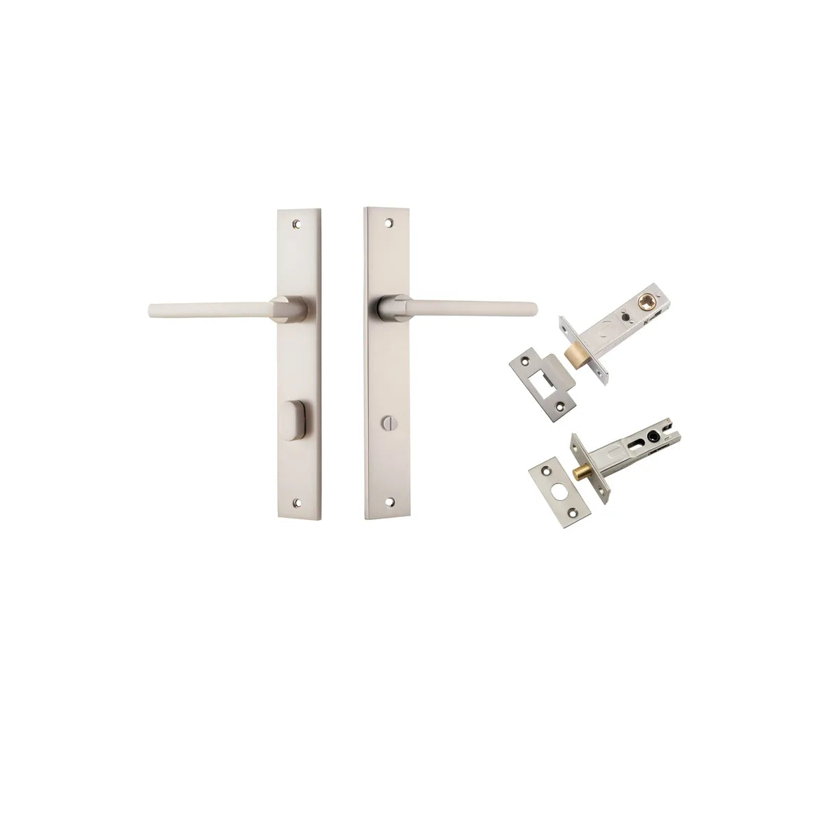 Baltimore Lever - Rectangular Backplate Privacy Kit with Privacy Turn in Satin Nickel - privacy set configuration