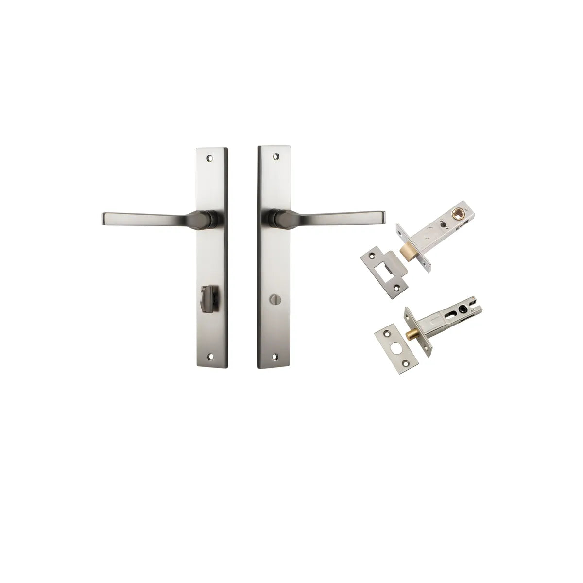 Annecy Lever - Rectangular Backplate Privacy Kit with Privacy Turn in Satin Nickel - privacy set configuration