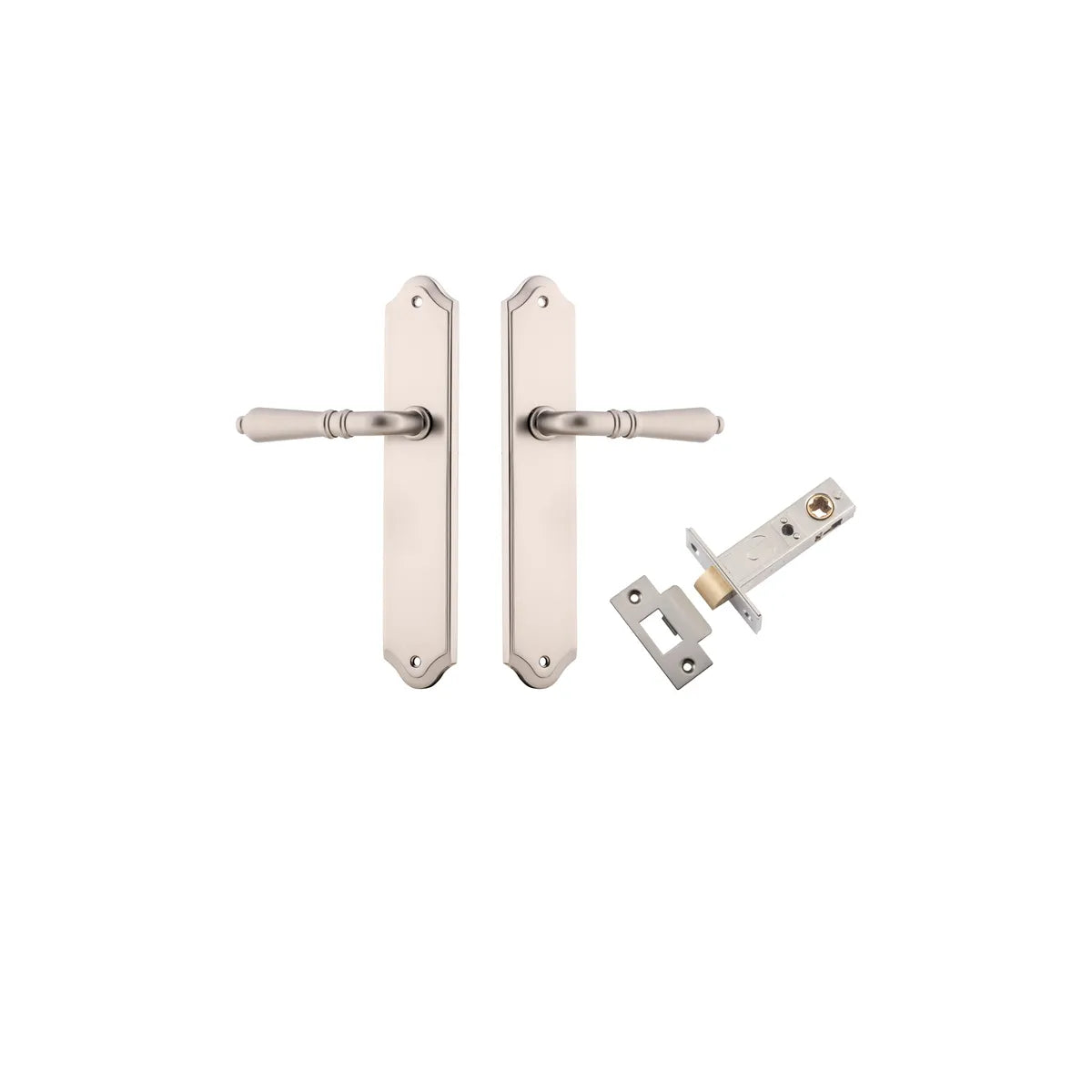 Sarlat Lever - Shouldered Backplate Passage Kit in Satin Nickel - front view