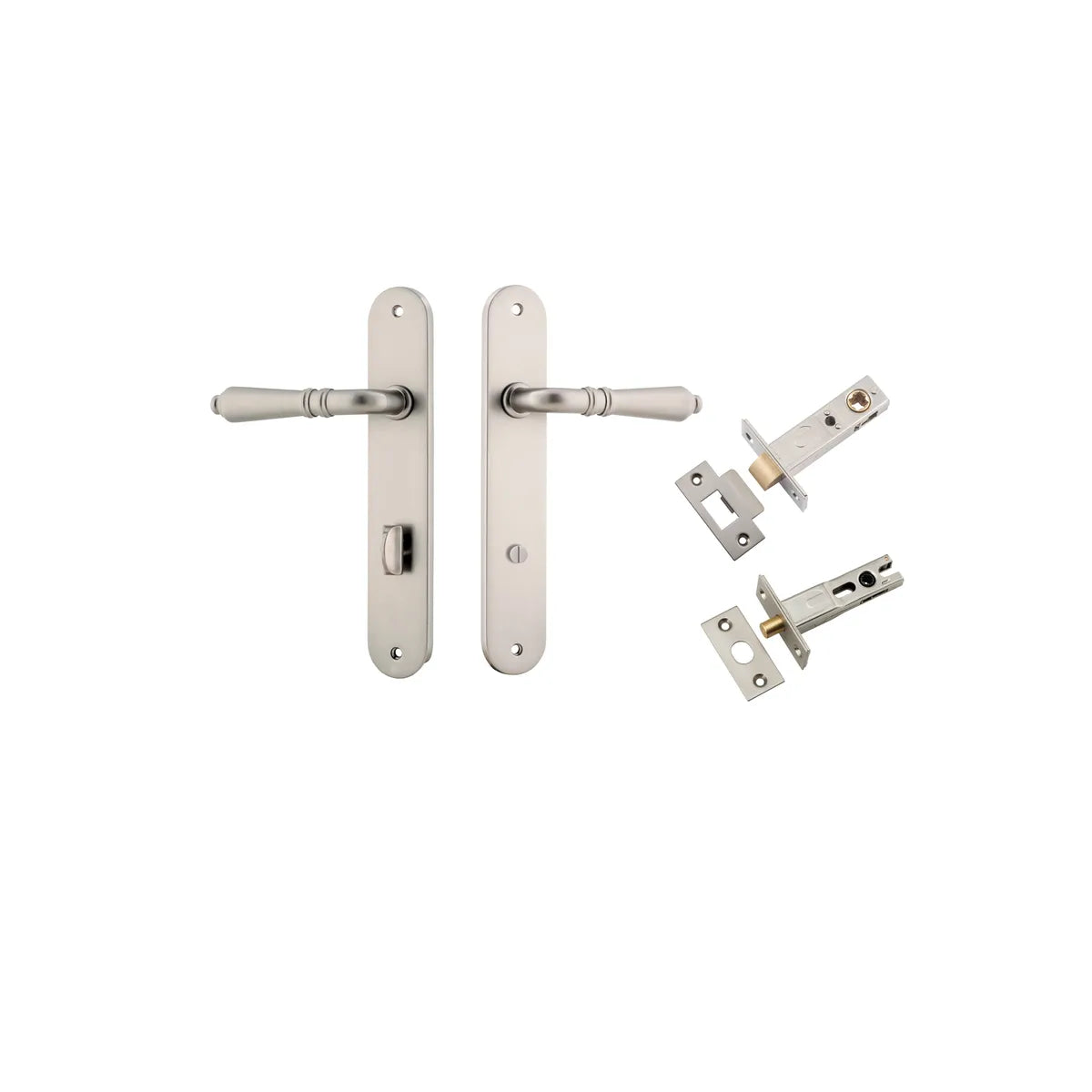 Sarlat Lever - Oval Backplate Privacy Kit with Privacy Turn in Satin Nickel - privacy set configuration