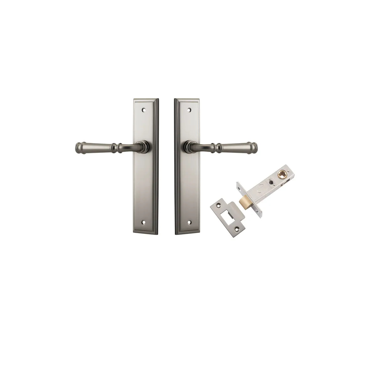 Verona Lever - Stepped Backplate Passage Kit in Satin Nickel - full product view