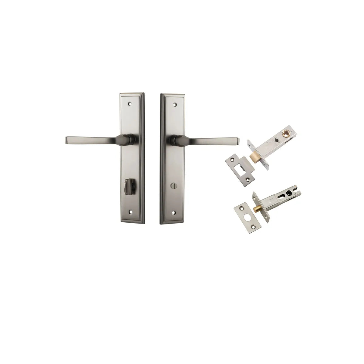 Annecy Lever - Stepped Backplate Privacy Kit with Privacy Turn in Satin Nickel - privacy set configuration