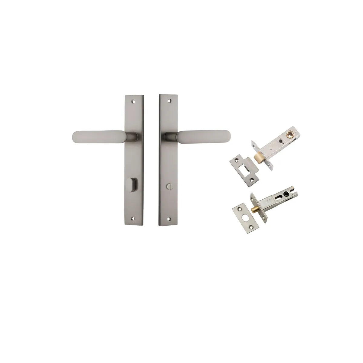Bronte Lever - Rectangular Backplate Privacy Kit with Privacy Turn in Satin Nickel - privacy set configuration
