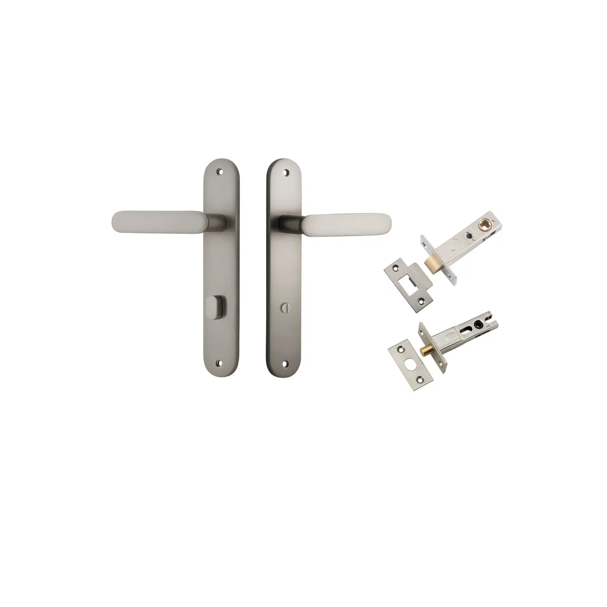 Bronte Lever - Oval Backplate Privacy Kit with Privacy Turn in Satin Nickel - privacy set configuration