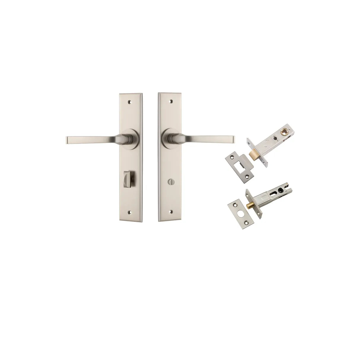 Annecy Lever - Chamfered Backplate Privacy Kit with Privacy Turn in Satin Nickel - privacy set configuration