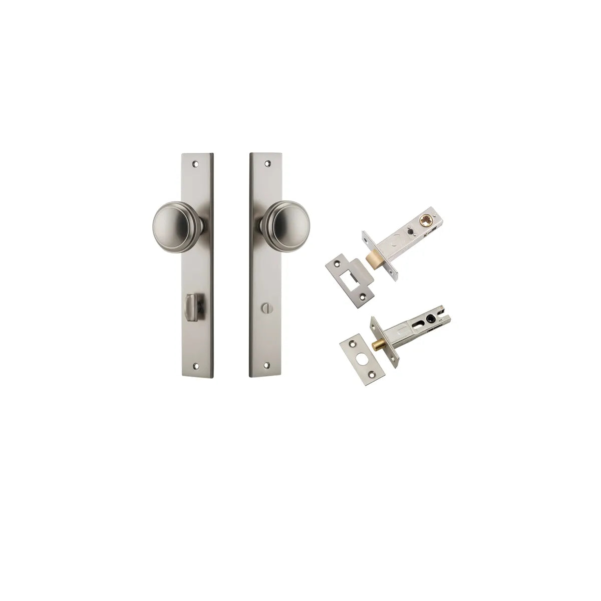 Paddington Knob - Rectangular Backplate Privacy Kit with Privacy Turn in Satin Nickel - privacy set configuration