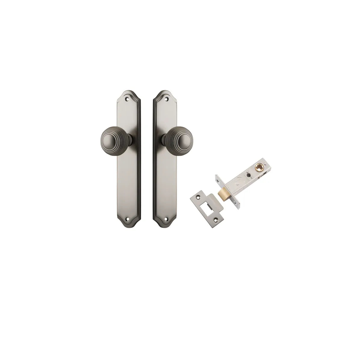 Guildford Knob - Shouldered Backplate Passage Kit in Satin Nickel - full product view
