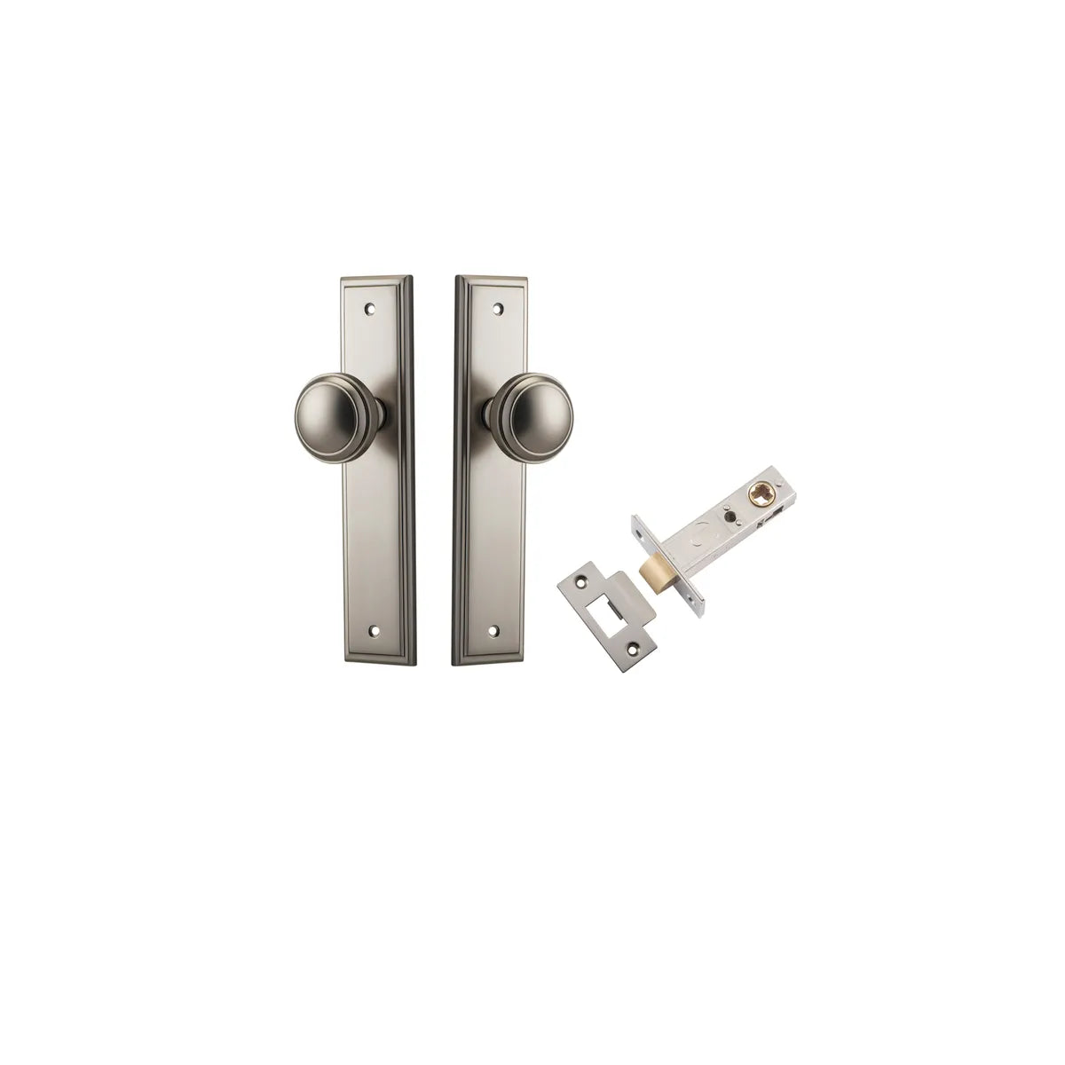 Paddington Knob - Stepped Backplate Passage Kit in Brushed Chrome - full product view