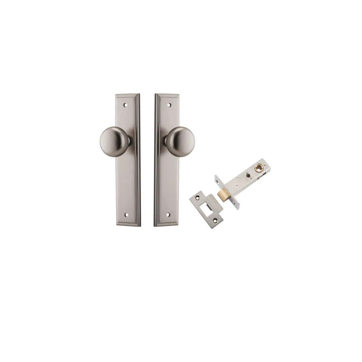 Cambridge Knob - Stepped Backplate Passage Kit in Satin Nickel - full product view