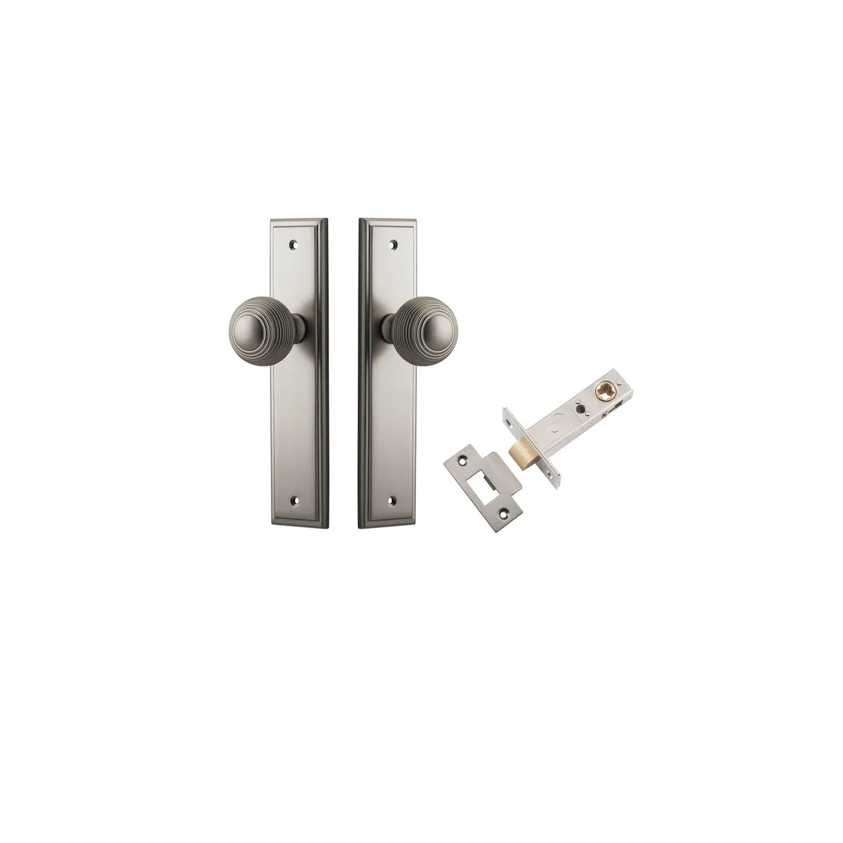 Guildford Knob - Stepped Backplate Passage Kit in Satin Nickel - full product view