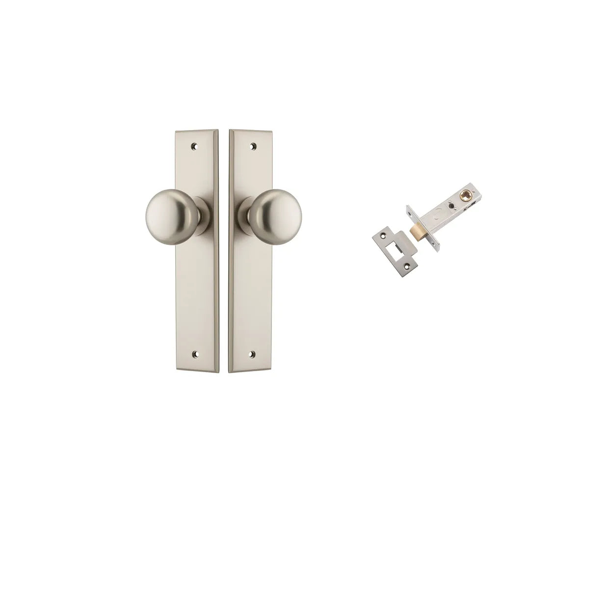 Cambridge Knob - Chamfered Backplate Passage Kit in Satin Nickel - full product view