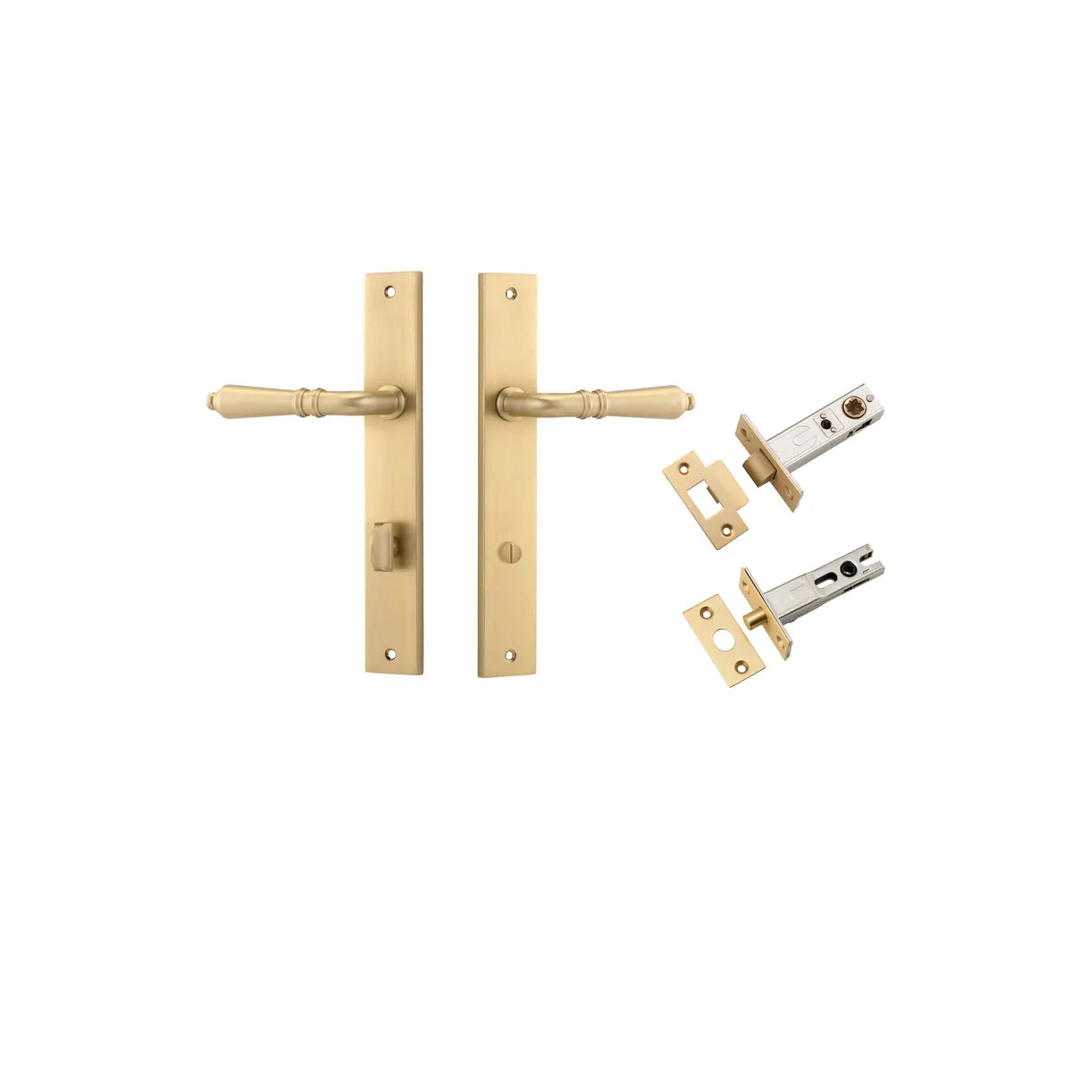Sarlat Lever - Rectangular Backplate Privacy Kit with Privacy Turn in Brushed Brass - privacy set configuration