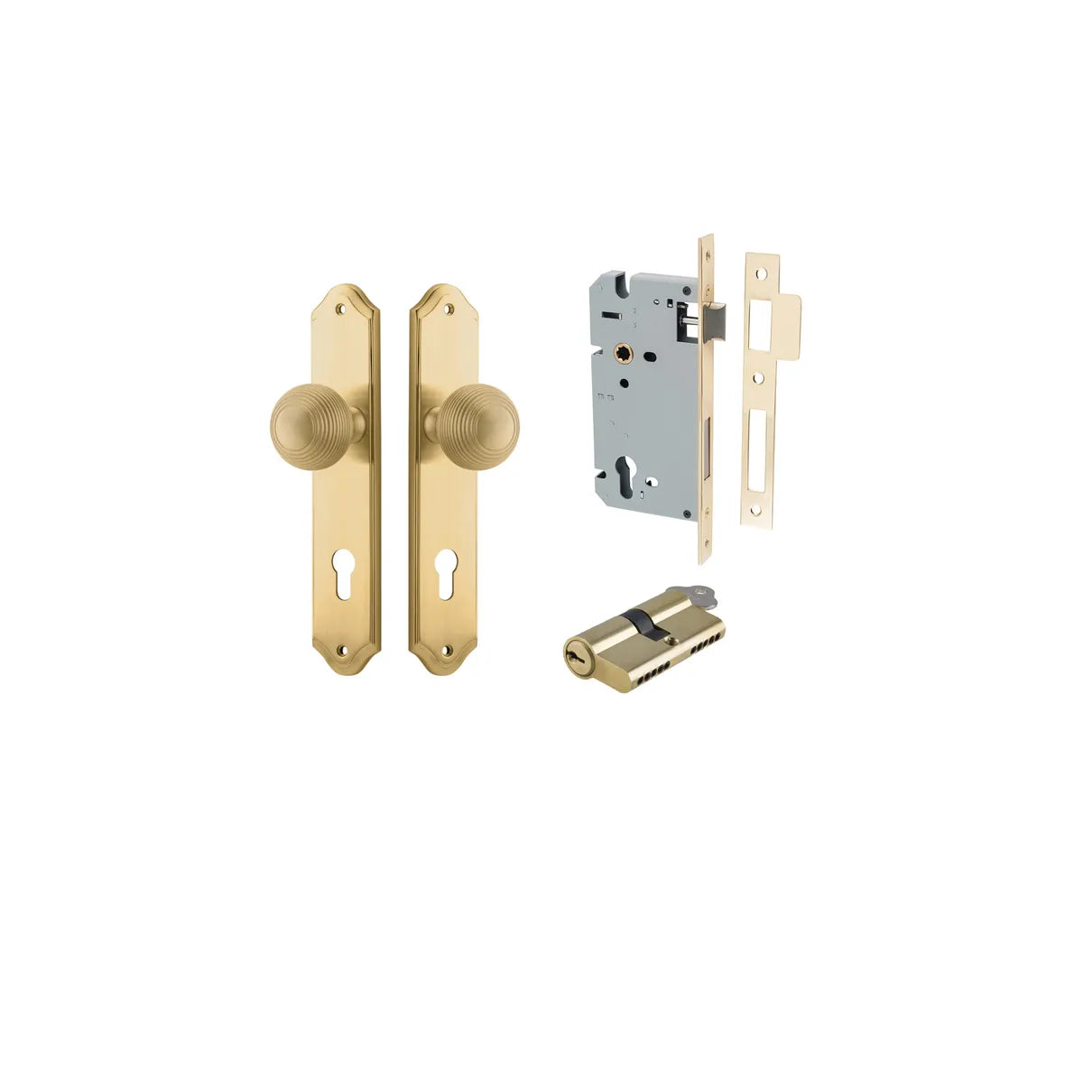 Guildford Knob - Shouldered Backplate Entrance Kit with High Security Lock in Brushed Brass - entrance set configuration