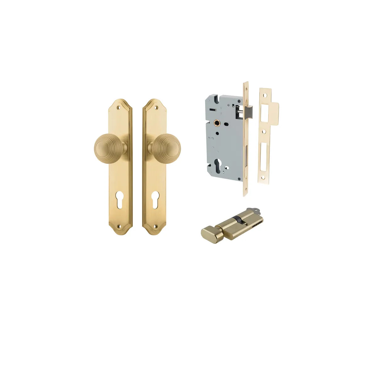 Guildford Knob - Shouldered Backplate Entrance Kit with High Security Lock in Brushed Chrome - entrance set configuration
