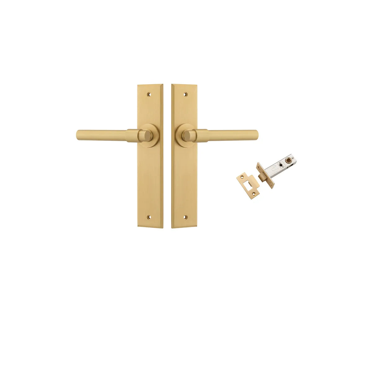 Helsinki Lever - Chamfered Backplate Passage Kit in Brushed Brass - front view