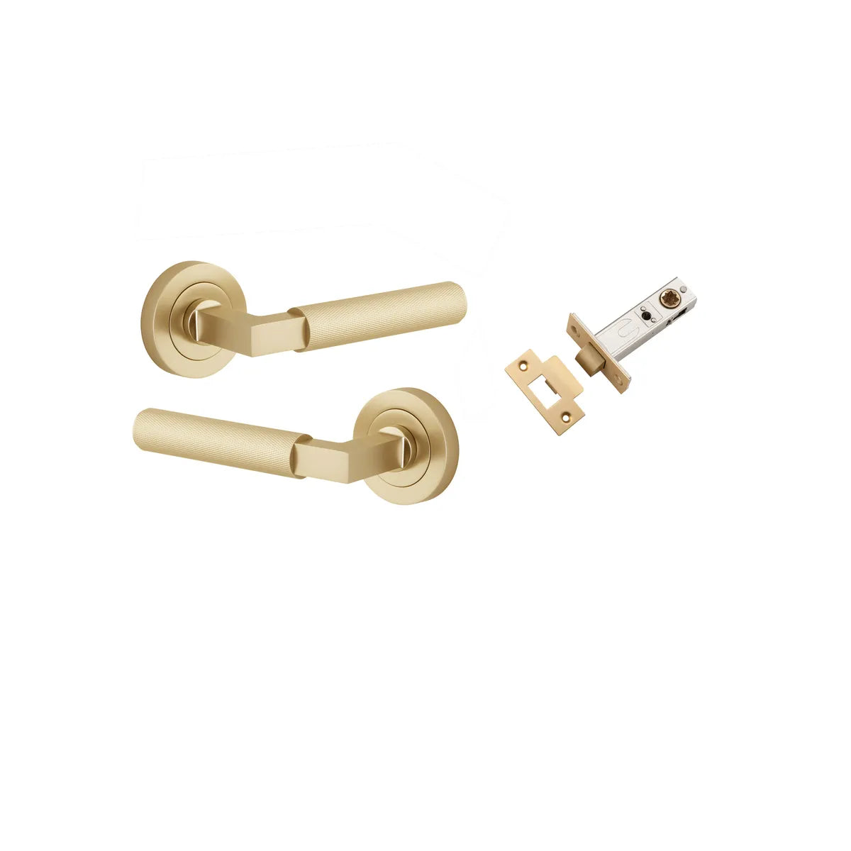 Brunswick Lever - Round Rose Passage Kit in Brushed Gold PVD - angled product view