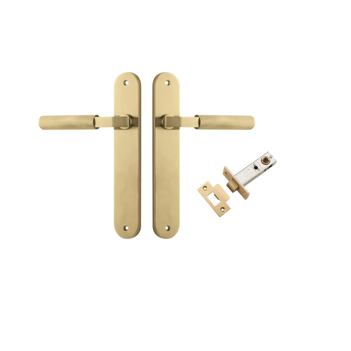 Brunswick Lever - Oval Backplate Passage Kit in Brushed Gold PVD - angled product view