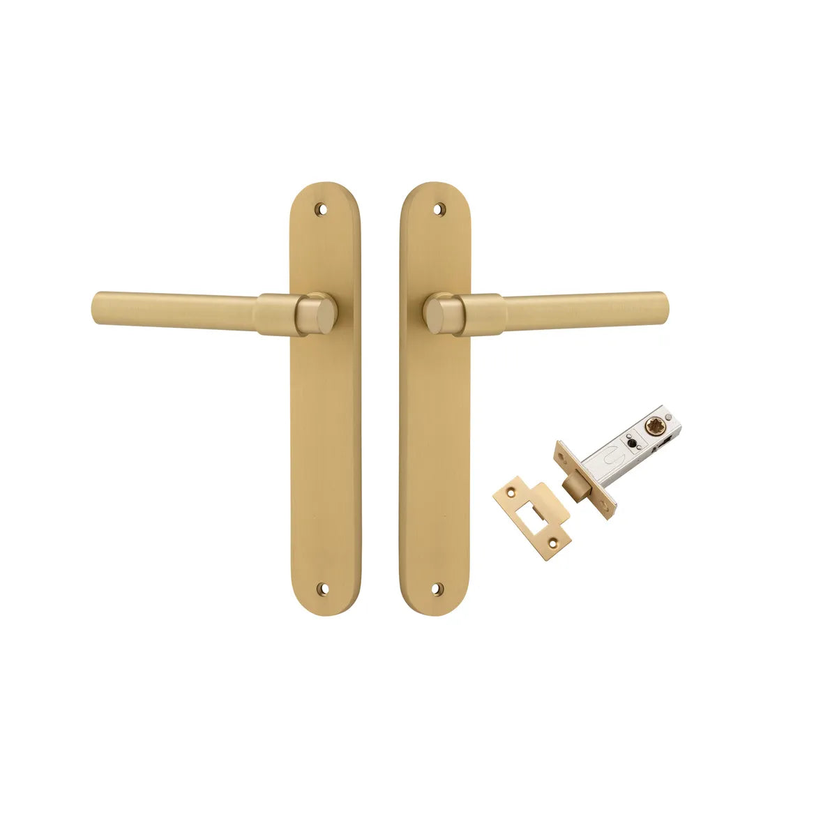 Helsinki Lever - Oval Backplate Passage Kit in Brushed Gold PVD - close-up detail view