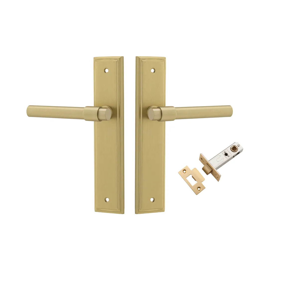 Helsinki Lever - Stepped Backplate Passage Kit in Brushed Gold PVD - close-up detail view