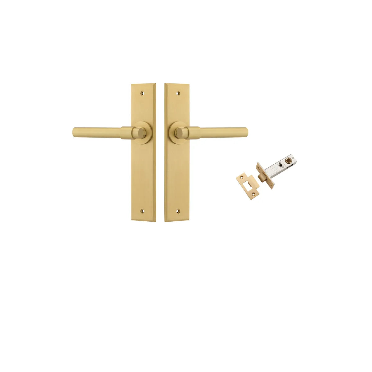 Helsinki Lever - Chamfered Backplate Passage Kit in Brushed Gold PVD - close-up detail view