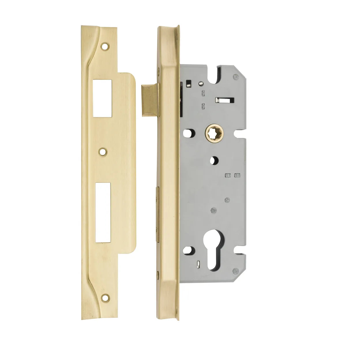 Rebated 85mm Euro Mortice Locks - 45mm Backset in Brushed Chrome - close-up detail view