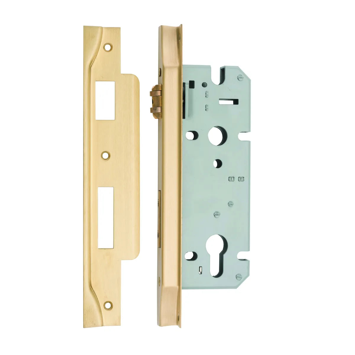 Rebated 85mm Euro Roller Mortice Locks - 45mm Backset in Brushed Brass - close-up detail view