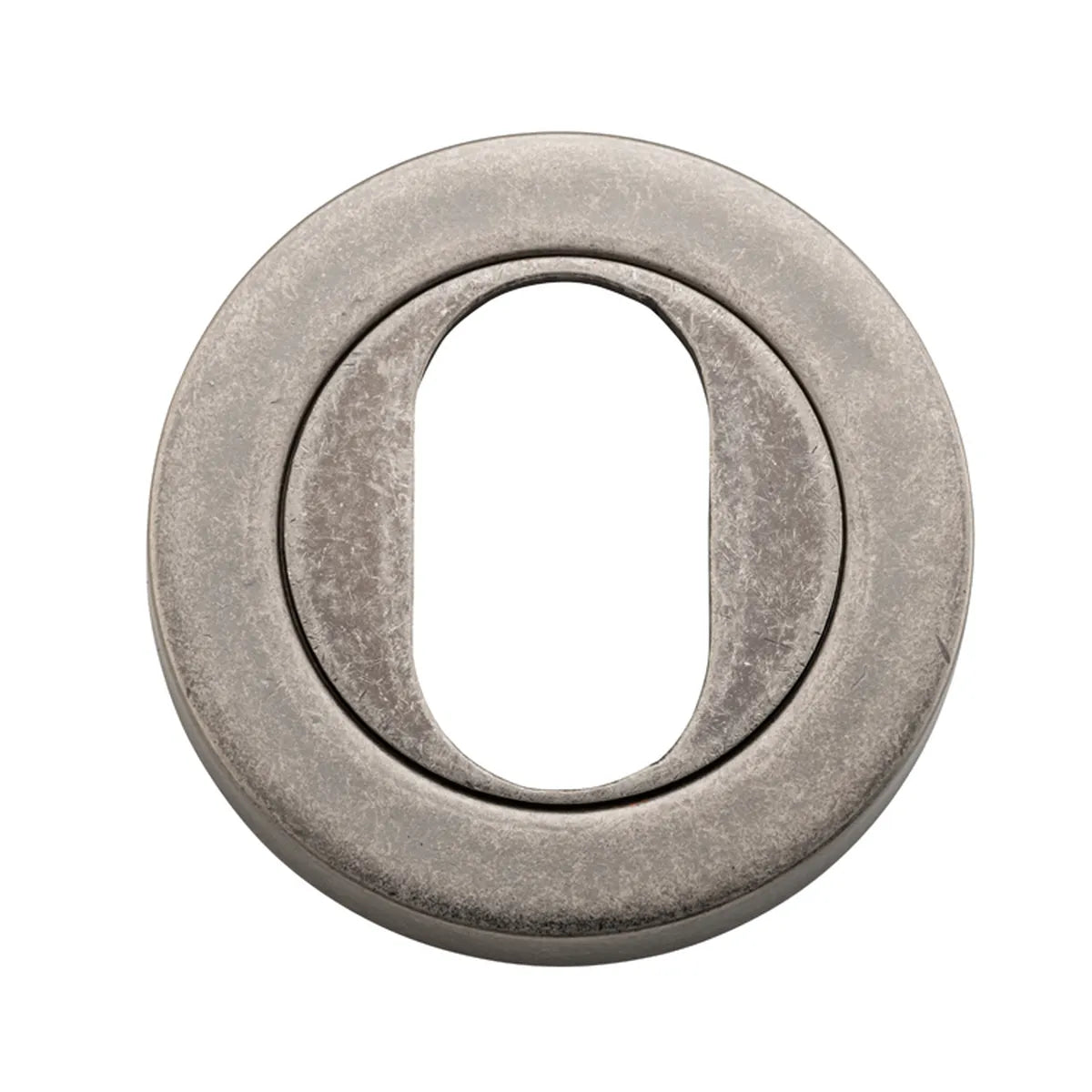 Oval Escutcheon - Round in Distressed Nickel - close-up detail view