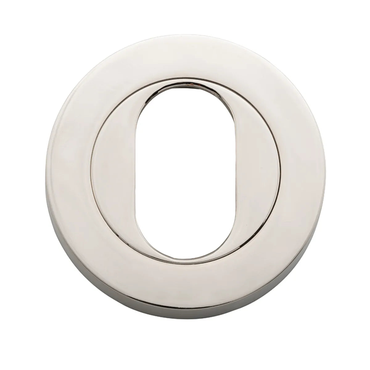 Oval Escutcheon - Round in Polished Nickel - finish and profile close-up