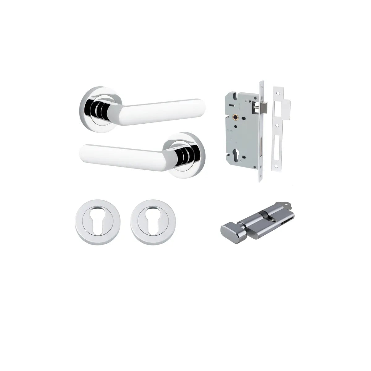 Osaka Lever - Round Rose Entrance Kit with Separate High Security Lock in Brushed Chrome - entrance set configuration
